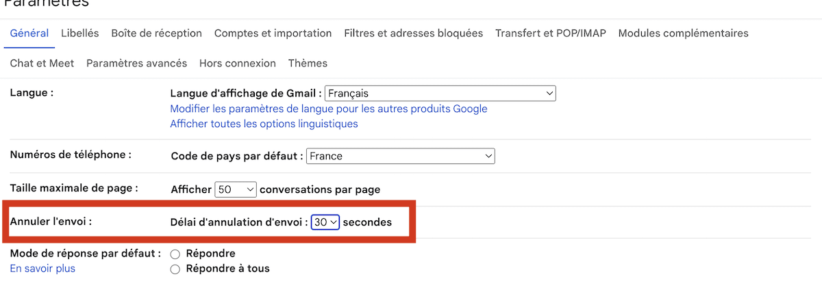 Configurer le délai d'annulation d'envoi Gmail