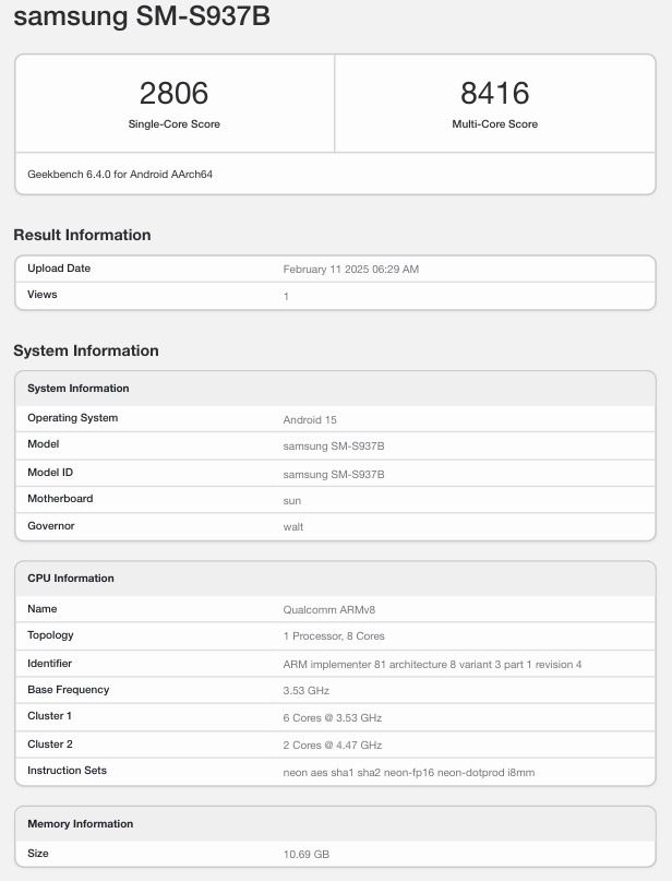 Galaxy S25 Edge Samsung benchmark