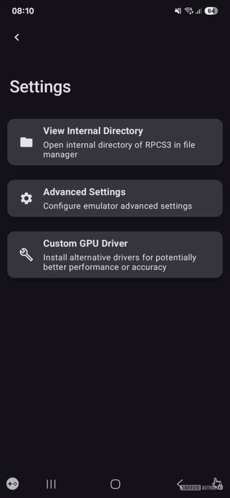RPCS3 Android Menu