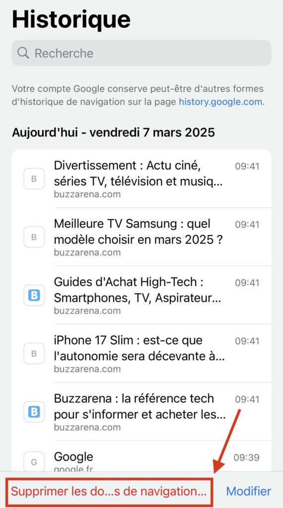 Supprimer historique Google Chrome smartphone