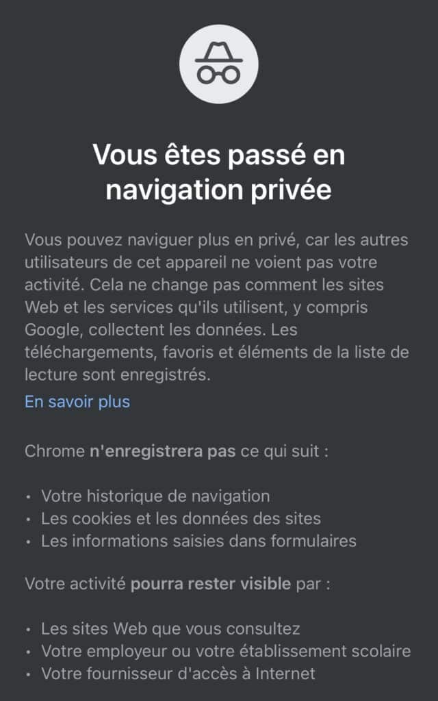 navigation privée Chrome iPhone