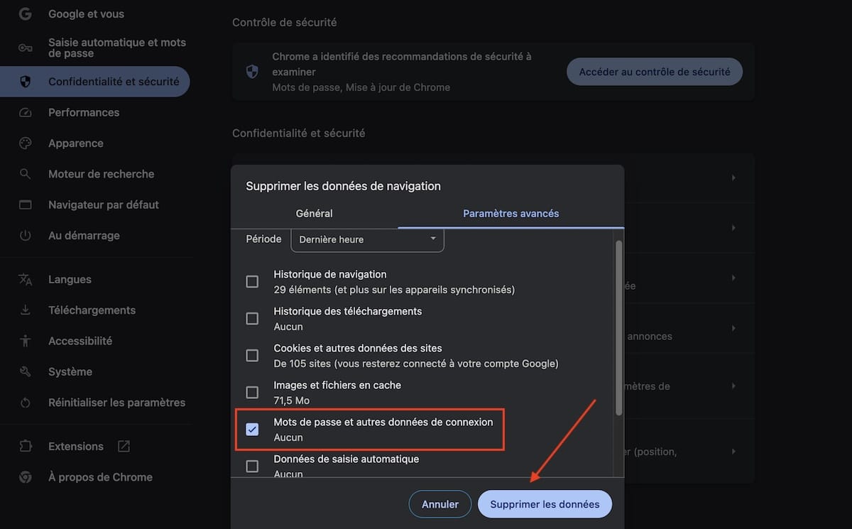effacer mots de passe enregistrés Google Chrome mac