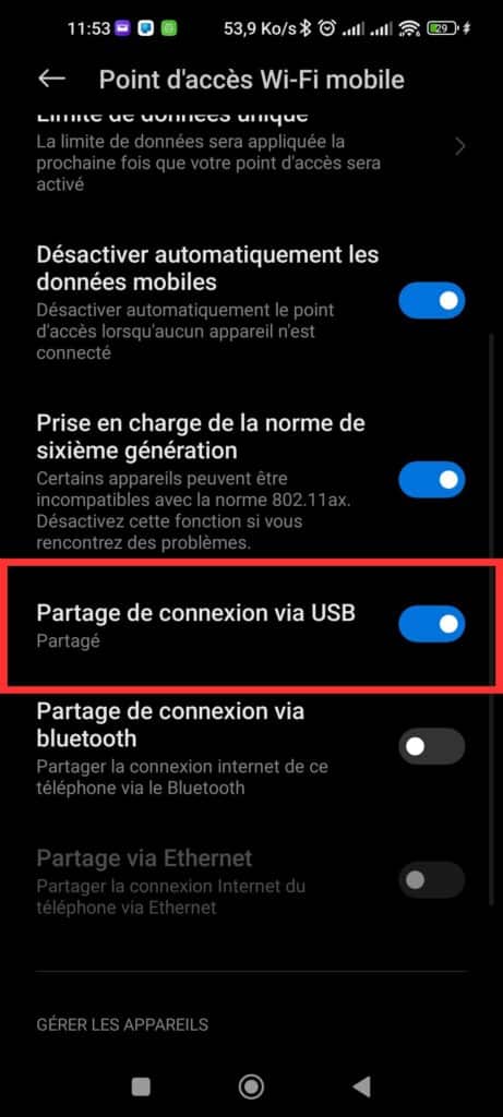 Partage connexion USB Android