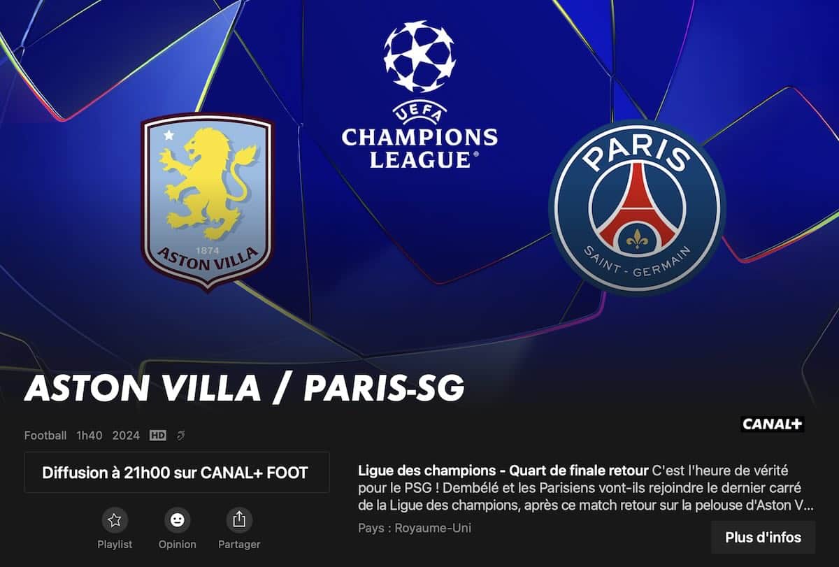 Aston Villa vs PSG direct canal+