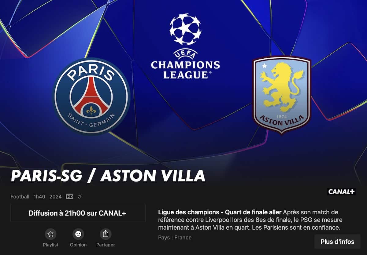 PSG vs Aston Villa streaming bonne qualité
