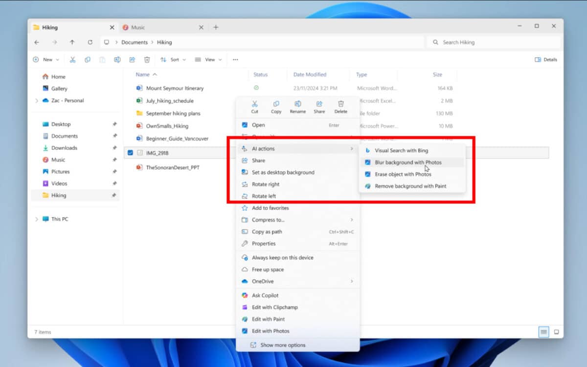 Explorateur de fichiers IA Windows 11