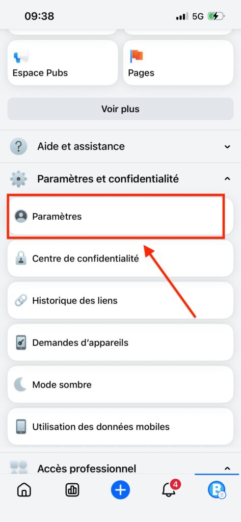 mode sombre Facebook application