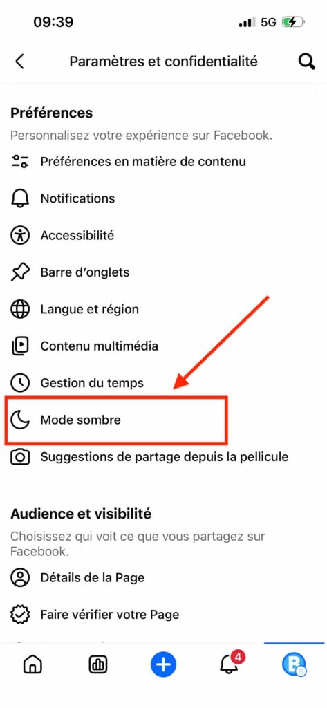 mode sombre Facebook iPhone