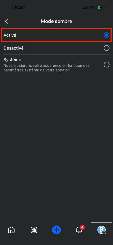 mode sombre Facebook smartphone