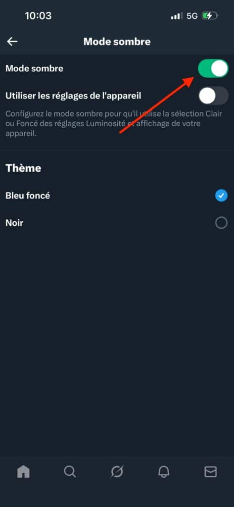 Activer mode sombre X iPhone