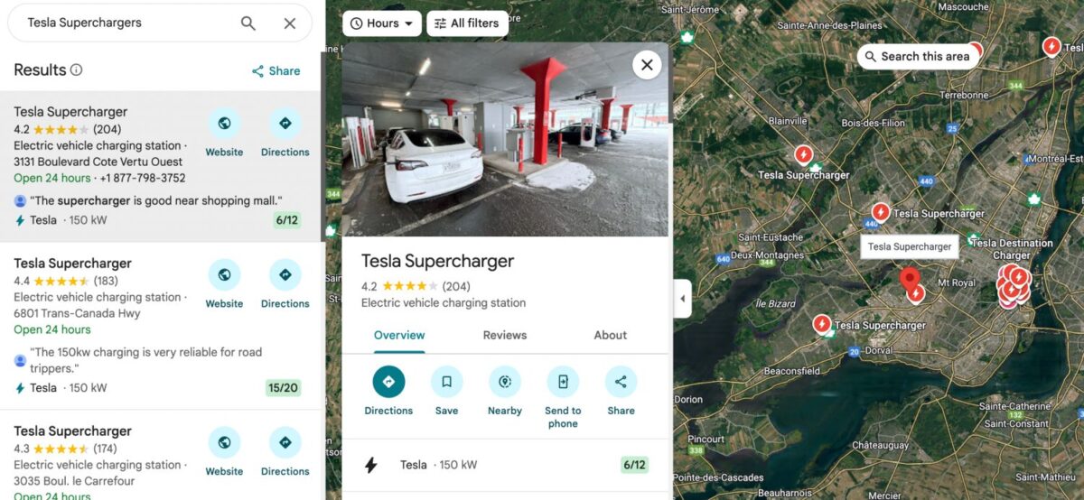 Tesla superchargeur Google Maps