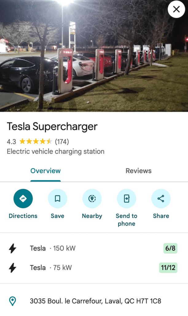 Tesla superchargeur Google Maps