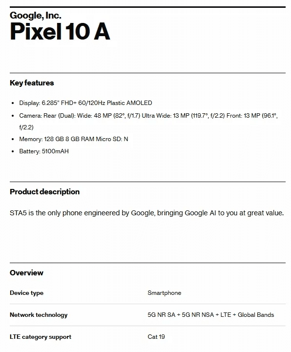 Google Pixel 10a fiche technique