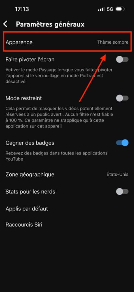 Mode sombre YouTube iOS