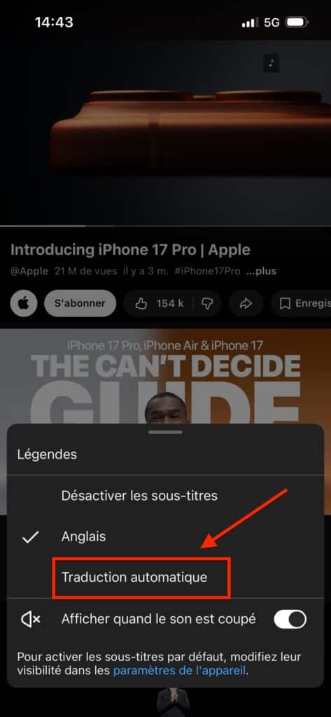 activer sous titres automatiques youtube iPhone