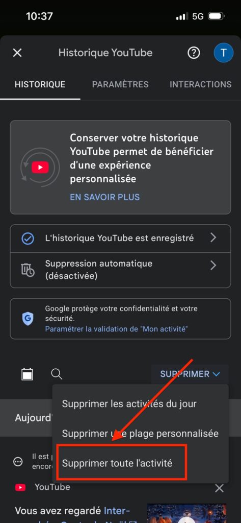 effacer historique YouTube iPhone