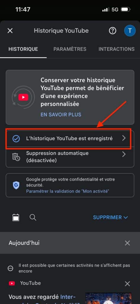 suppression automatique historique YouTube smartphone