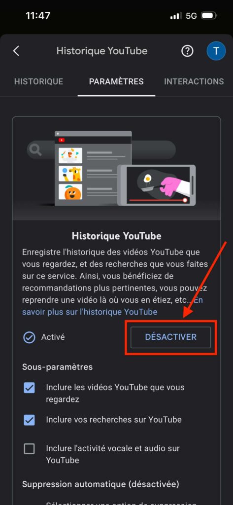 suppression automatique historique YouTube Android