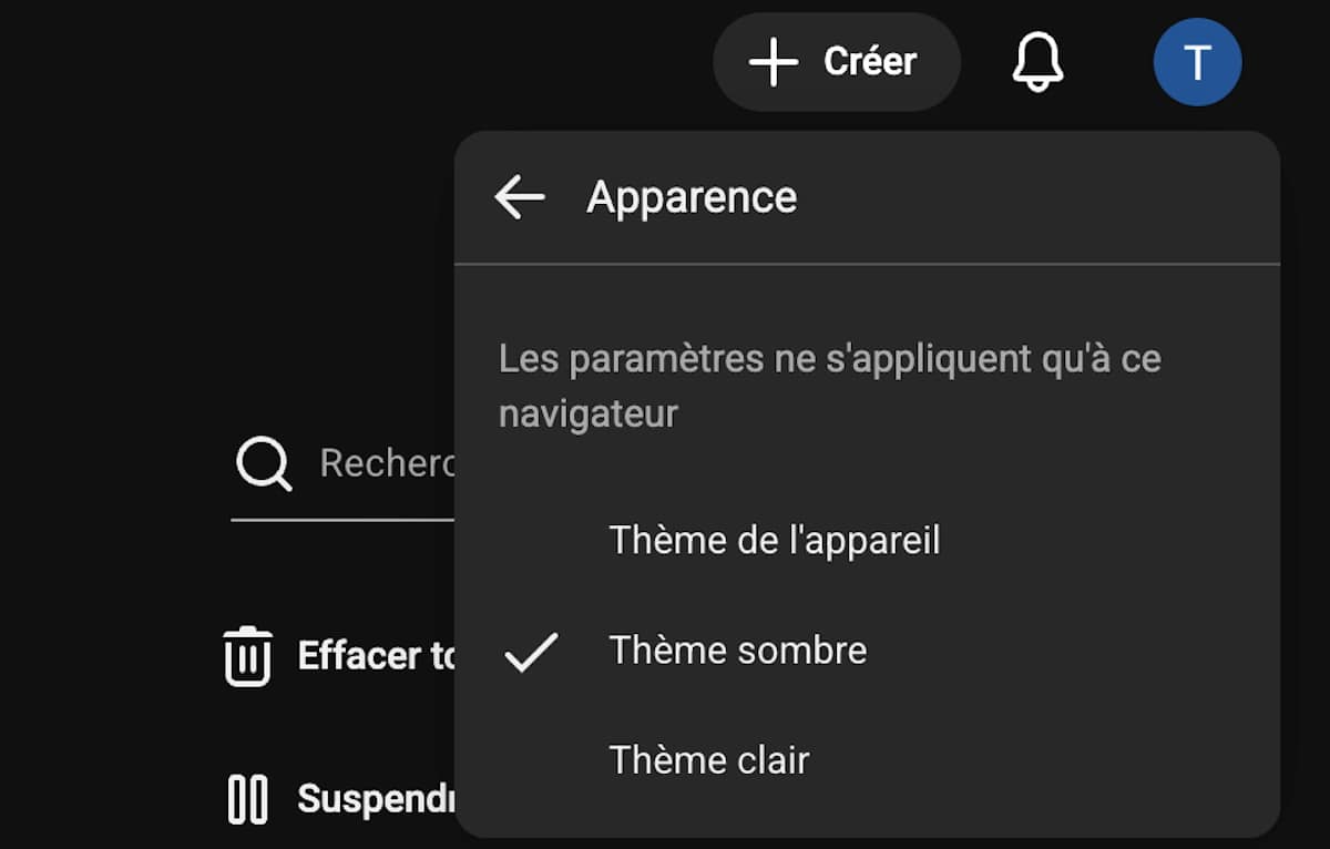 mode sombre YouTube navigateur web