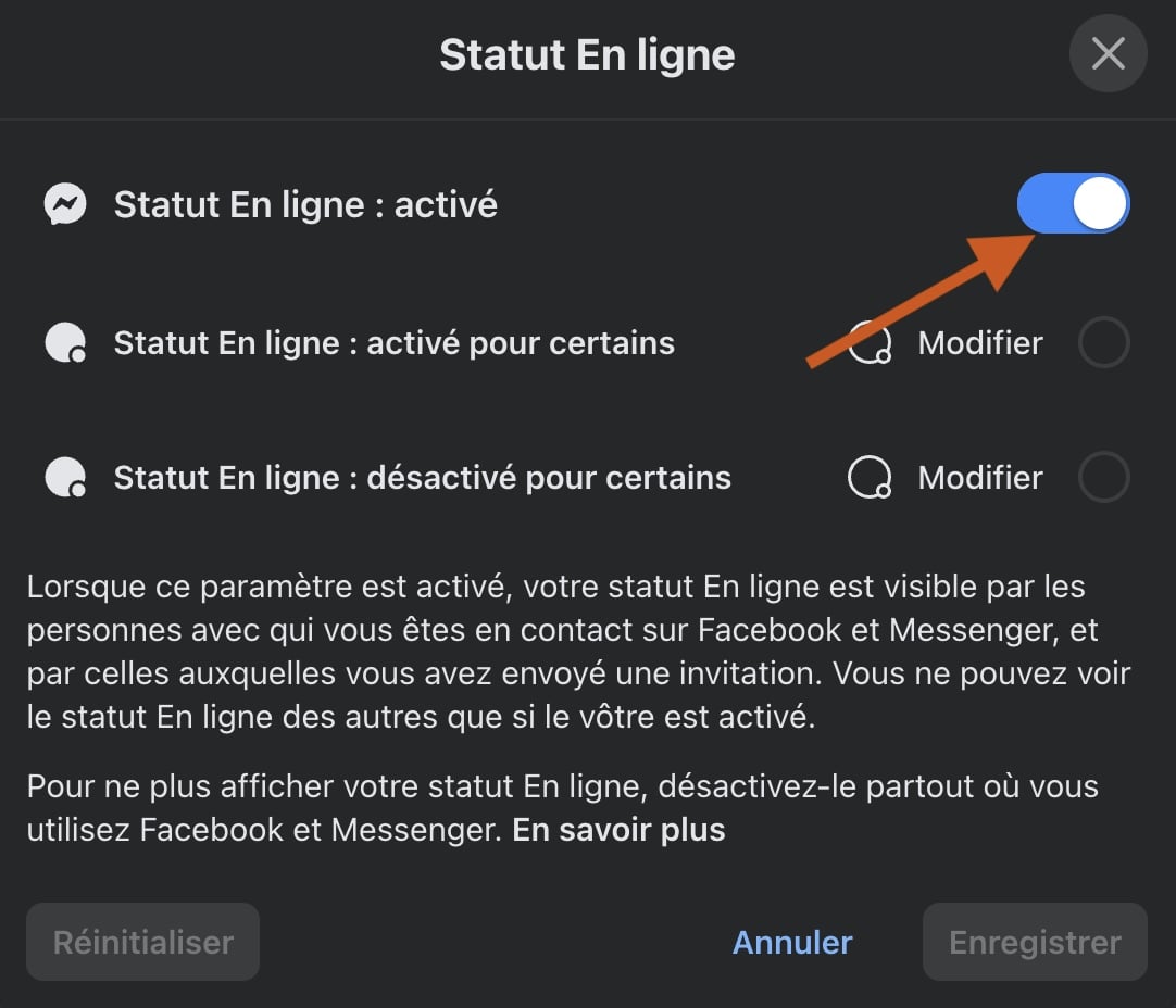 désactiver mode en ligne Messenger PC