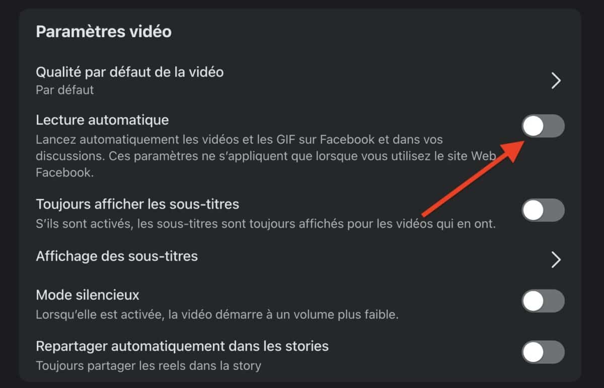 désactiver lecture automatique Facebook sur PC