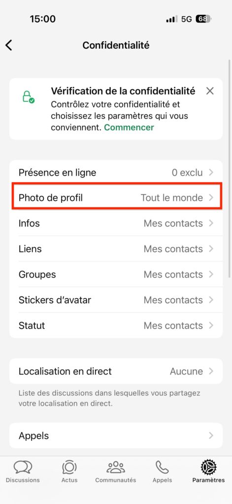masquer photo de profil WhatsApp iPhone