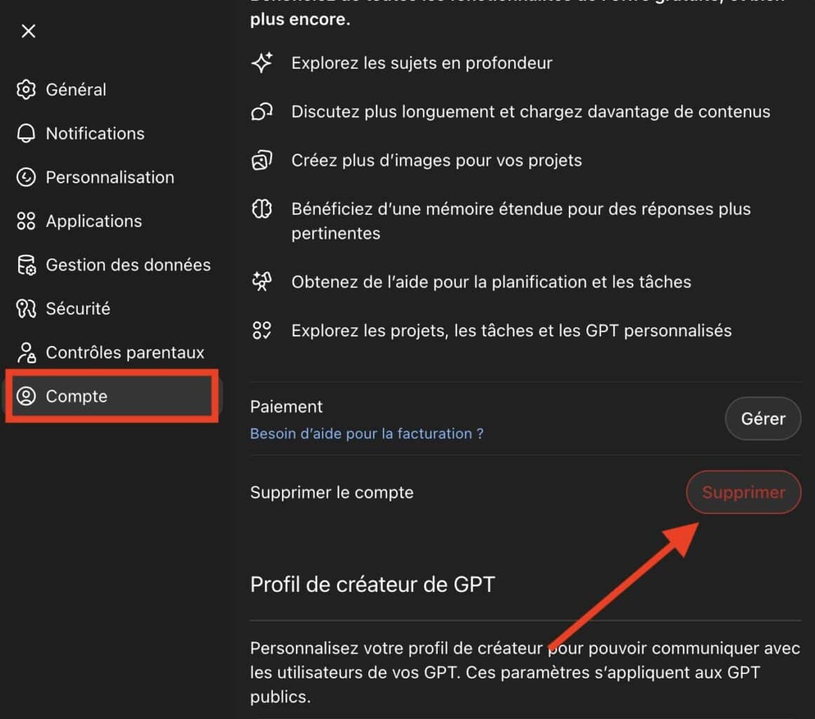 effacer compte ChatGPT