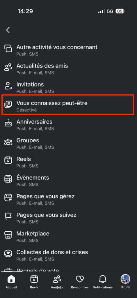 désactiver notifications suggestions amis application
