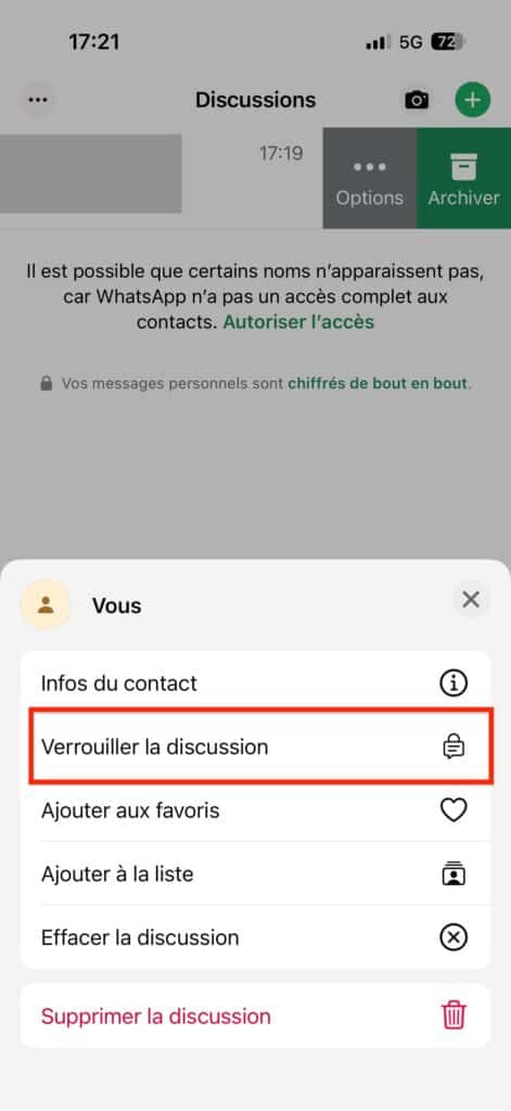 verrouiller discussion whatsapp Android