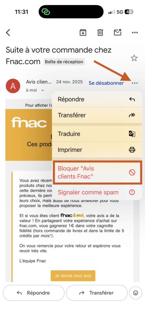 bloquer adresse gmail application