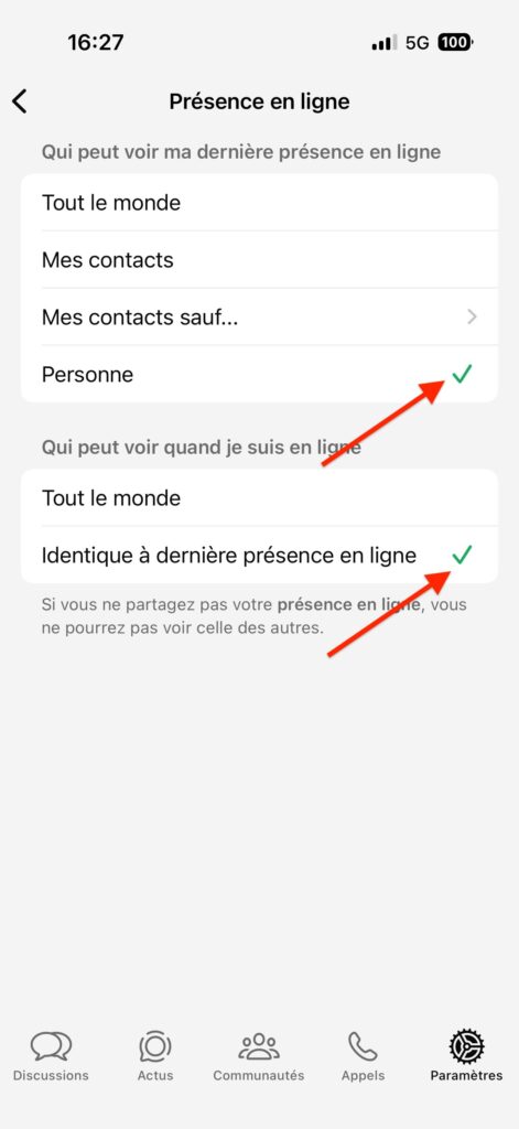 cacher statut actif WhatsApp