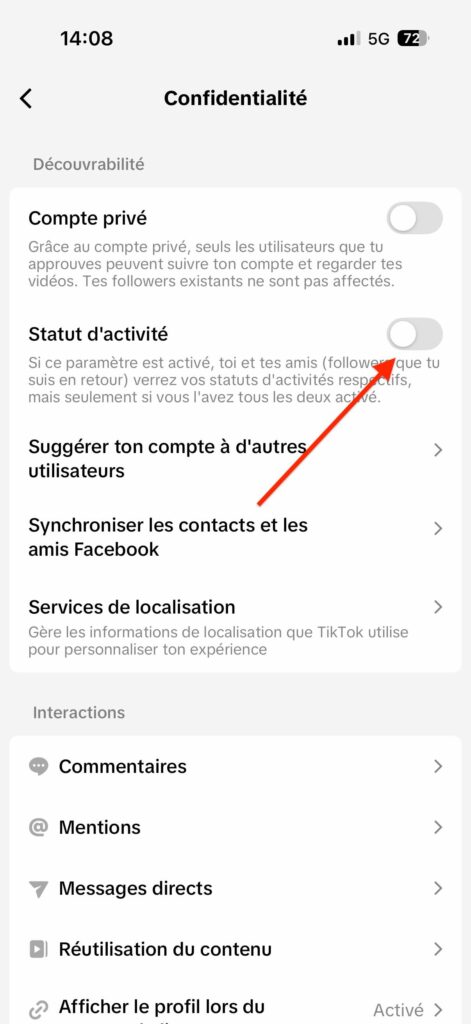 cacher statut “en ligne” TikTok