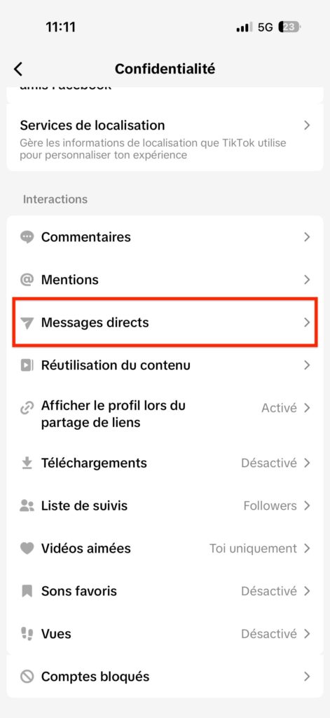 bloquer messages TikTok