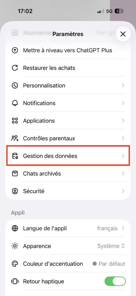 fermer compte chatGPT application