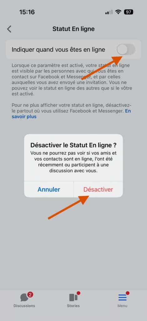désactiver mode en ligne Messenger iOS