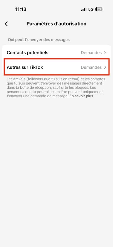 Désactiver messages TikTok