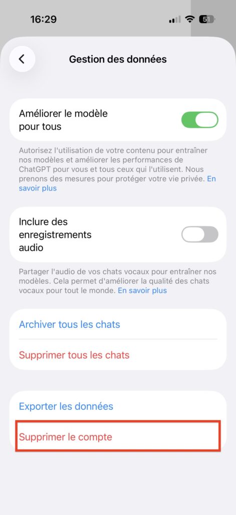 fermer compte chatGPT smartphone