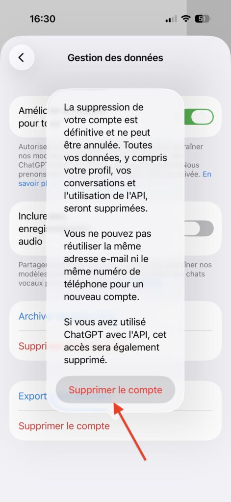 fermer compte chatGPT iPhone