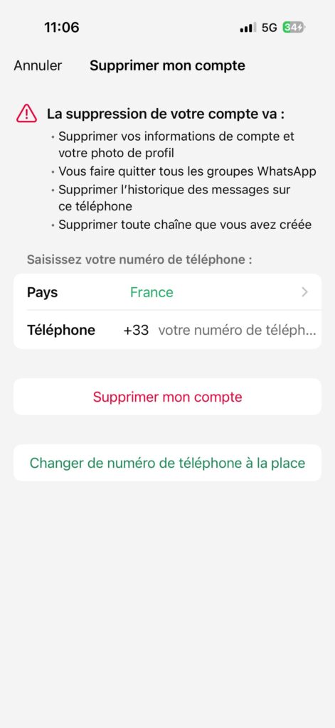 Supprimer définitivement compte WhatsApp