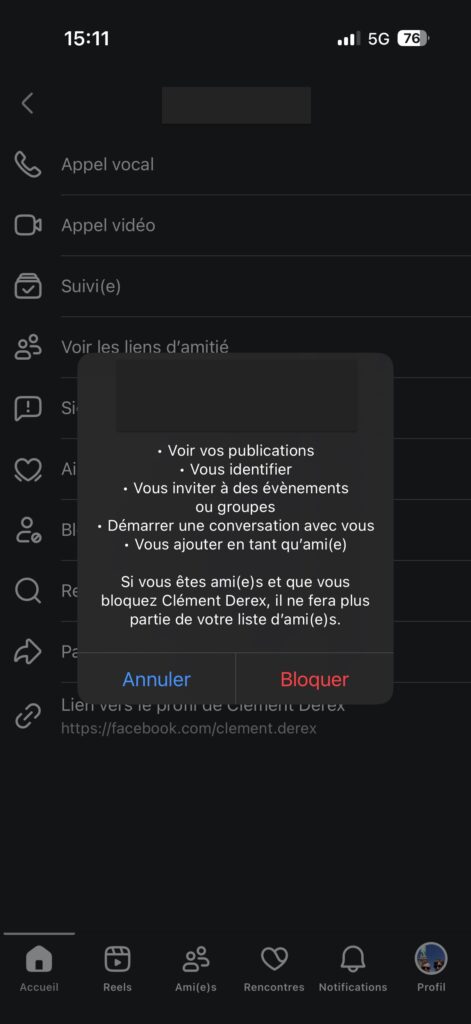 bloquer contact Facebook