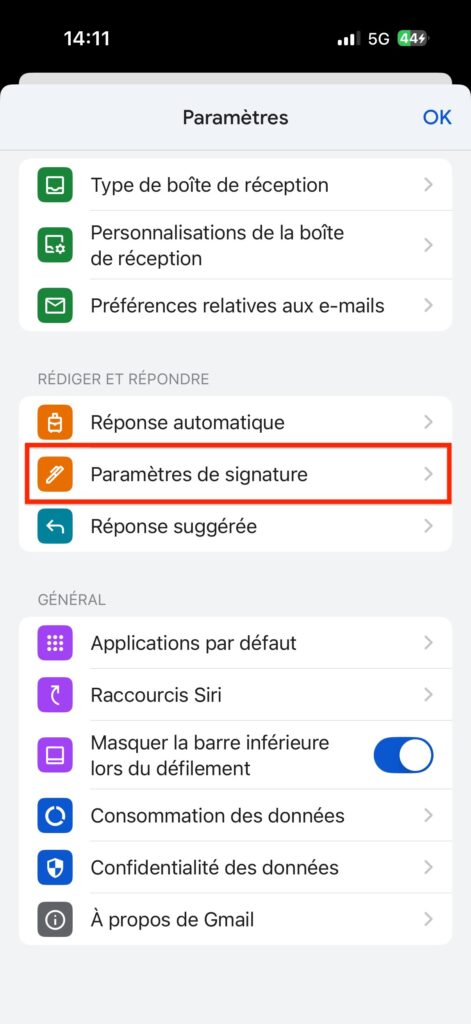 Créer signature Gmail sur Android