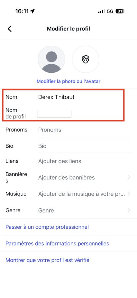 Changer nom utilisateur Instagram