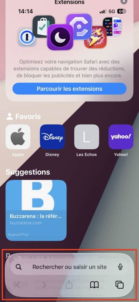 affichage boutons Safari iOS 26