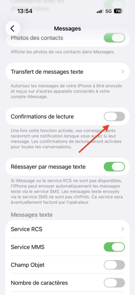 désactiver mention "Lu" iMessage