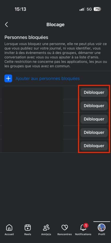 débloquer contact Facebook