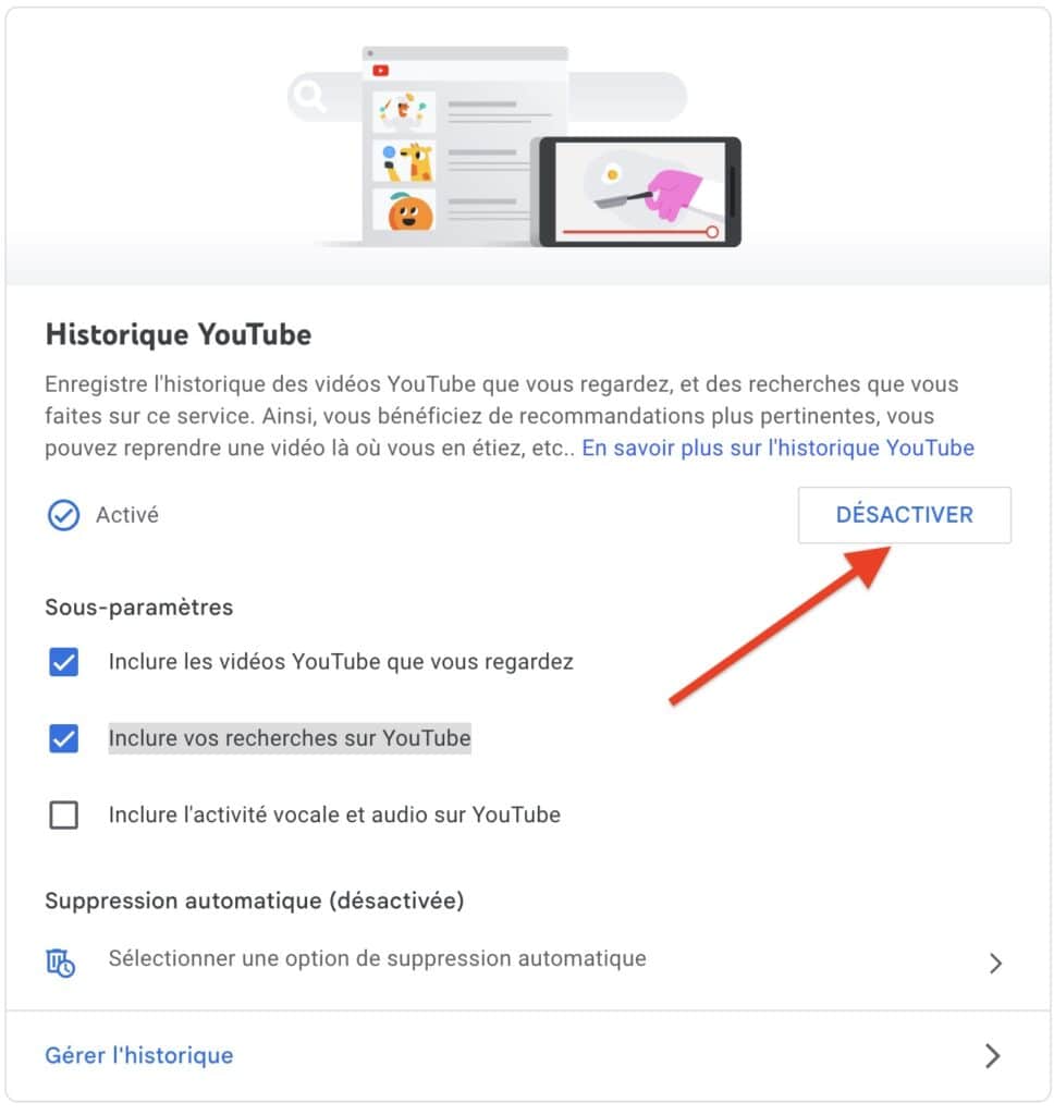 Désactiver historique YouTube sur PC
