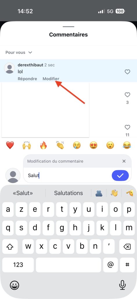 Changer commentaire Instagram