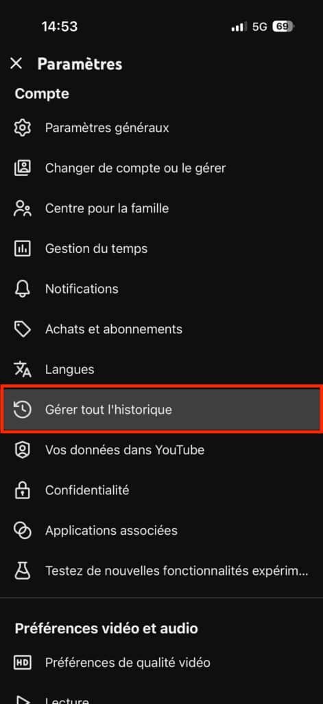 Désactiver historique YouTube sur smartphone