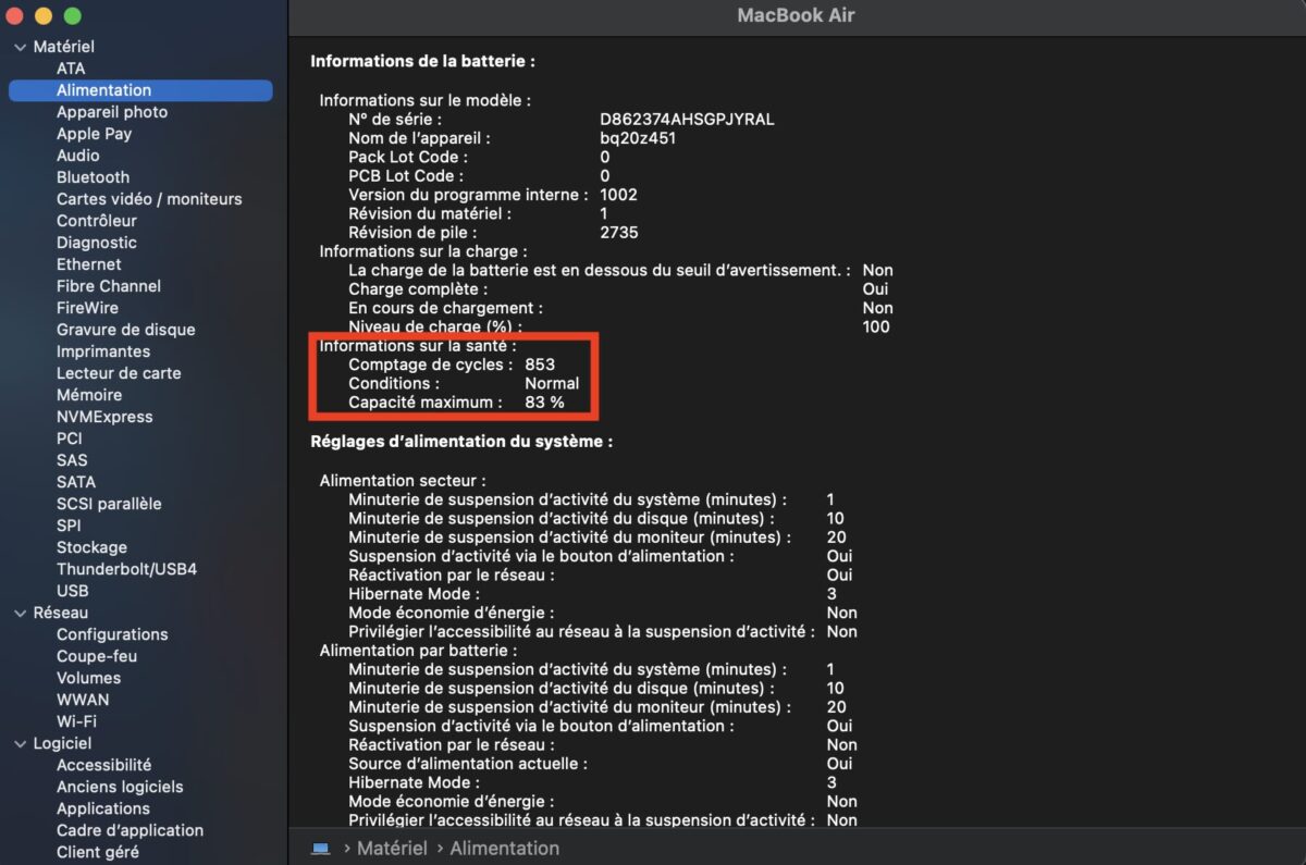 connaître le nombre de cycles de batterie sur Mac