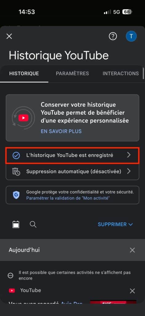 Désactiver historique YouTube sur Android